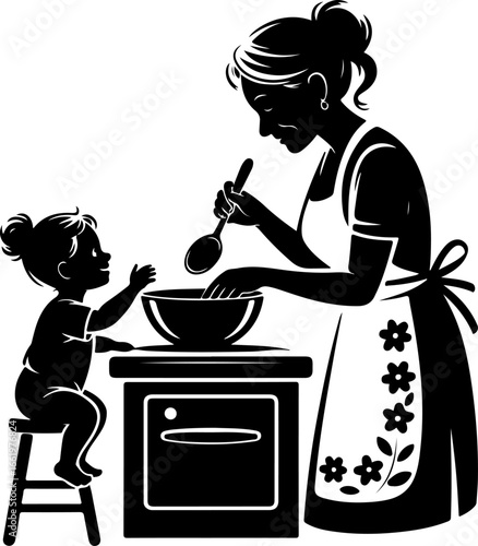 A loving silhouette of a grandmother holding a large spoon, stirring a bowl or pot on a kitchen counter or stove