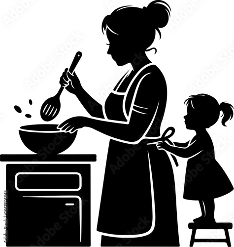 A loving silhouette of a grandmother holding a large spoon, stirring a bowl or pot on a kitchen counter or stove