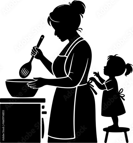 A loving silhouette of a grandmother holding a large spoon, stirring a bowl or pot on a kitchen counter or stove