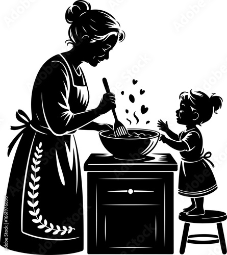 A loving silhouette of a grandmother holding a large spoon, stirring a bowl or pot on a kitchen counter or stove