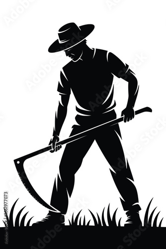 Vector art of silhouette of a farmer with scythe, a symbol of harvest and agriculture in a rural setting, vintage style