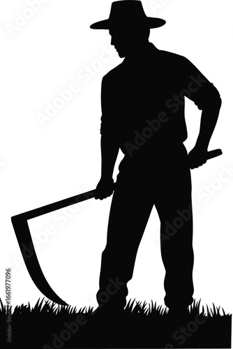 Vector art of silhouette of a farmer with scythe, a symbol of harvest and agriculture in a rural setting, vintage style