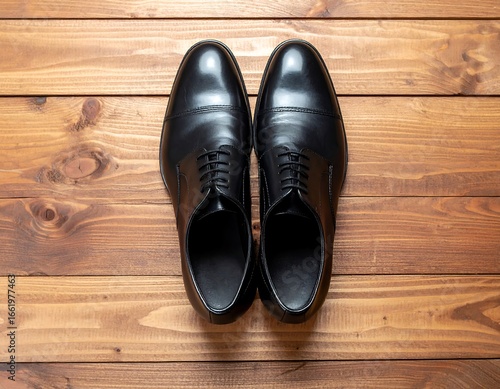 Pair of black leather dress shoes on a wooden floor