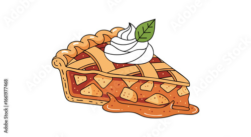 Cartoon illustration showcasing a delectable slice of apple pie with delicate lattice crust, whipped topping and a decorative green leaf garnish
