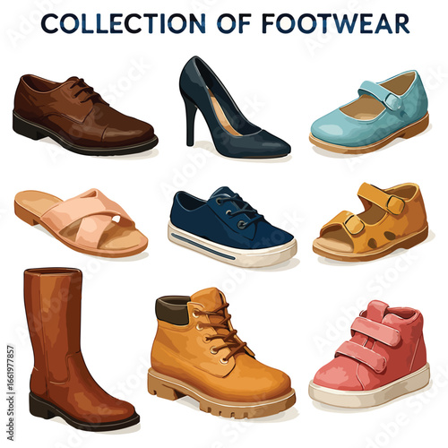 Footwear Collection Icon Set – Shoes, Boots, Sandals, Sneakers Vector Illustrations