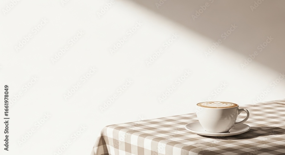 Fototapeta premium Coffee cup on checkered tablecloth in bright indoor setting