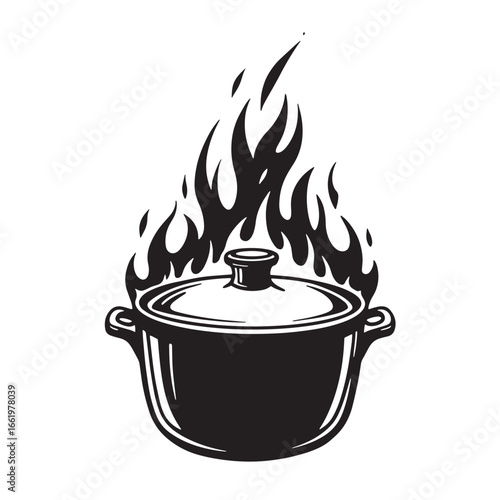 Black and white illustration of a cooking pot with flames representing hot food