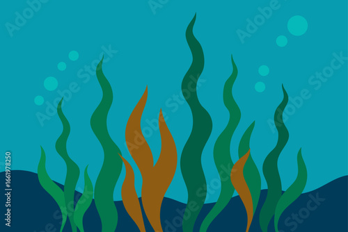 Stylized underwater scene with flowing kelp and bubbles against a deep blue background