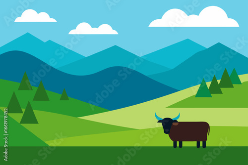 Stylized flat illustration of a brown yak with blue horns standing in a green hilly landscape with distant blue mountains and white clouds