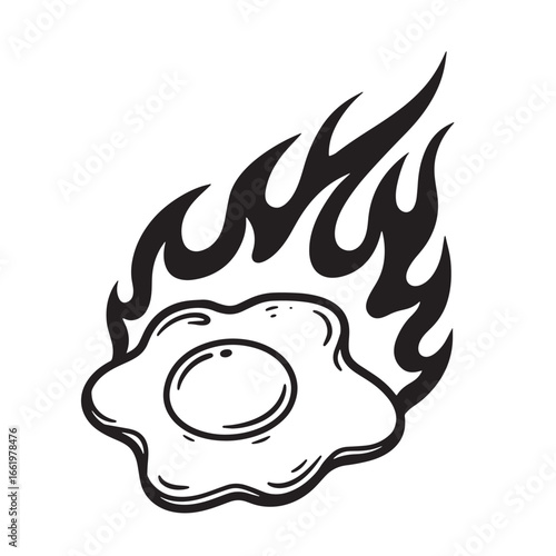 Black and white illustration of a fried egg in flames food icon or emblem