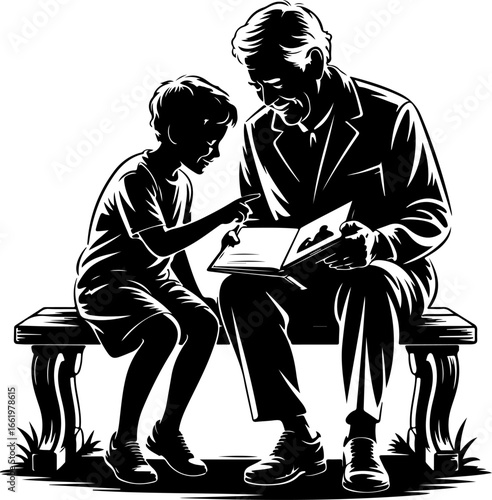 A nostalgic silhouette of a grandparent and grandchild sitting closely on a bench or low wall, looking at a photo album together