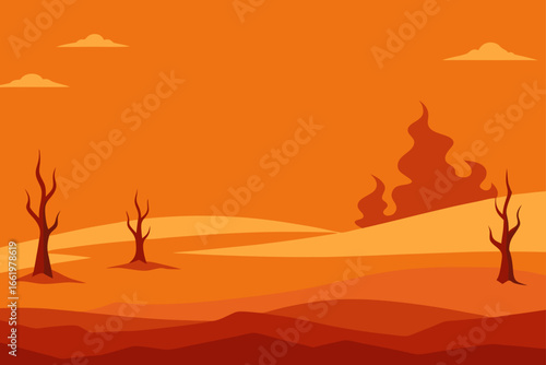 Stylized flat illustration of a desolate landscape with dead trees and a distant wildfire under an orange sky
