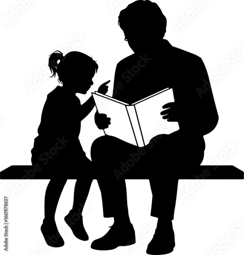 A nostalgic silhouette of a grandparent and grandchild sitting closely on a bench or low wall, looking at a photo album together