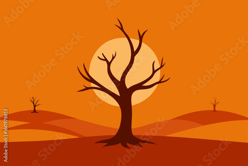 Stylized silhouette of a bare tree against a large pale sun and rolling hills at sunset