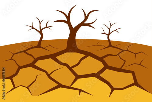 Stylized illustration of three bare trees with exposed roots growing in cracked dry earth symbolizing drought and environmental hardship