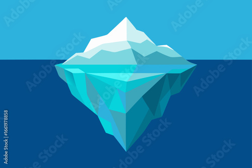 Geometric flat design iceberg with visible underwater portion floating in deep blue ocean water under a clear sky