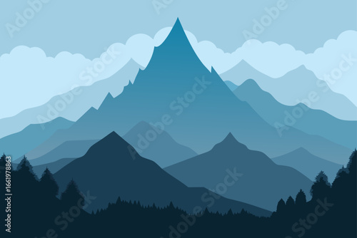 Serene blue mountain range silhouette with layered peaks and fluffy clouds under a clear sky
