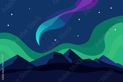 Vibrant aurora borealis dances over jagged mountain peaks under a starry night sky