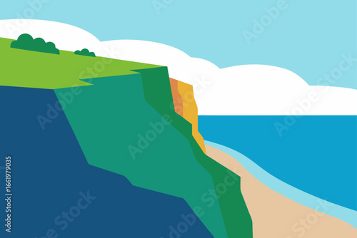 Stylized flat illustration of a coastal cliff with green grass and bushes overlooking a sandy beach and blue ocean under a cloudy sky