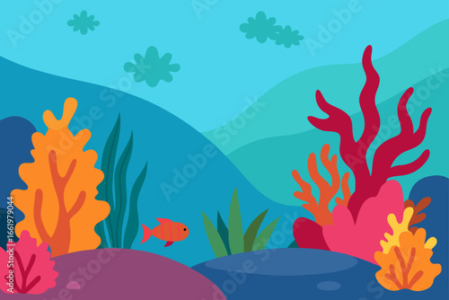 Vibrant underwater scene with colorful coral reefs aquatic plants and a single orange fish swimming peacefully in blue ocean depths