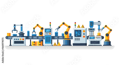 Automated production line illustration, showcasing robotic arms and streamlined manufacturing processes for modern industry concepts