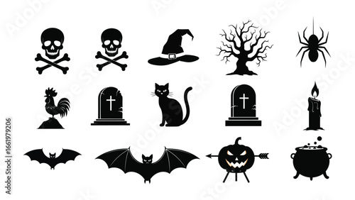Halloween Icon Collection: A haunting assortment of Halloween-themed icons, from chilling skulls and crossbones to a spooky bat and a bewitching witch's hat.