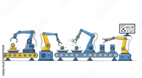 Automated production line with robotic arms performing precise tasks on a conveyor system showcasing modern industrial technology