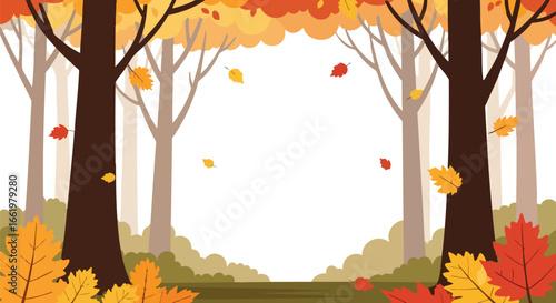 Delightful autumnal illustration showcasing forest scenery with falling leaves in warm hues creates a beautiful and whimsical seasonal background