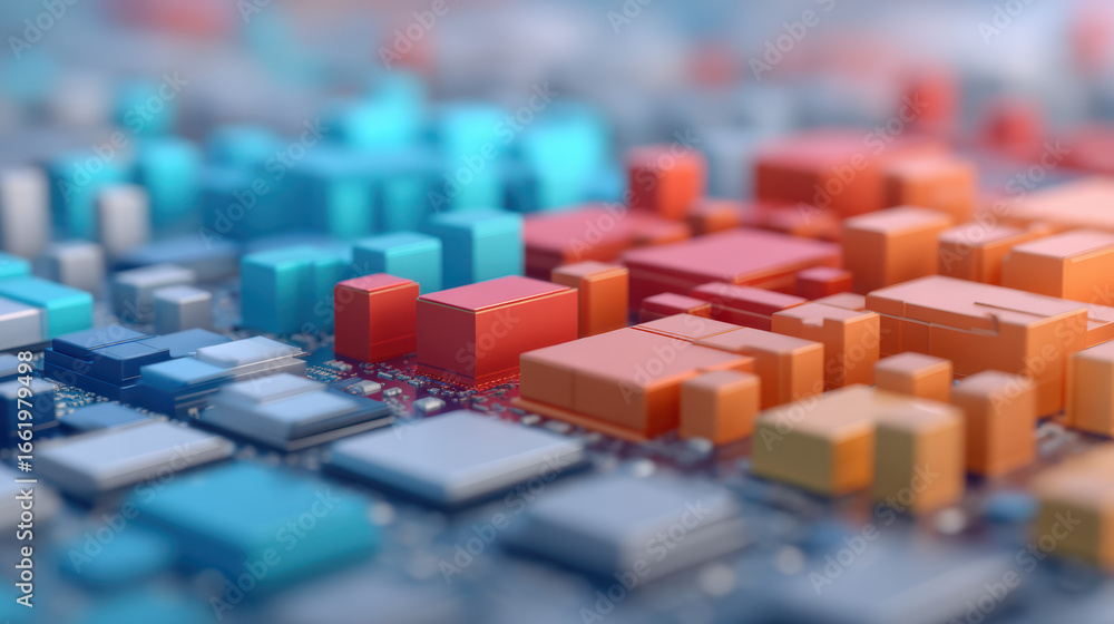 Obraz premium A vibrant, abstract representation of a digital landscape with colorful geometric shapes, suggesting a technological or data-driven theme.