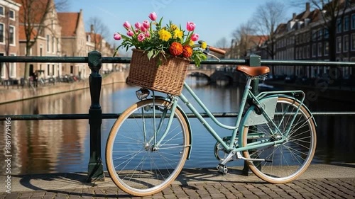 Spring in Amsterdam: Pastel Bicycle with Vibrant Flowers by Canal