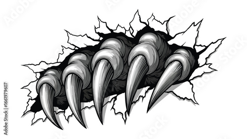 Monster Claw Ripping Through: A formidable monster claw, sharp and menacing, bursts through a tattered surface in a dynamic illustration of power and destruction.
