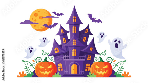 Halloween Fantasy: An eerie scene featuring a gothic castle, bathed in the eerie glow of a full moon, surrounded by Jack-o'-lanterns and playful ghosts. Spooky bats flutter playfully.