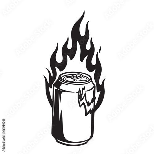 Burning soda can black and white illustration representing coolness or energy