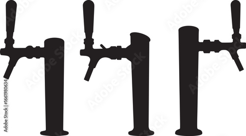Three black beer taps in a row a silhouette isolated on white background