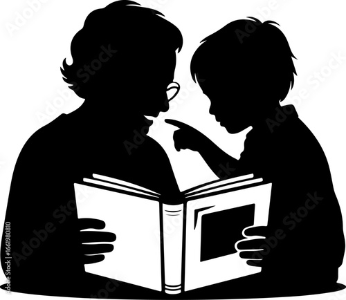 A nostalgic silhouette of a grandparent and grandchild sitting side by side, looking at an open old photo album resting on their laps