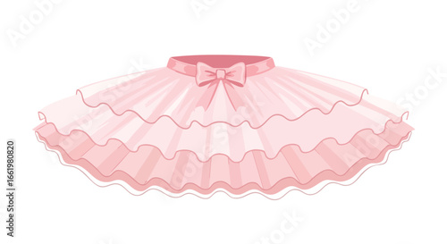 Delicate pink ballet tutu with layered ruffles and bow accent against a bright white backdrop provides a charming image 55 characters