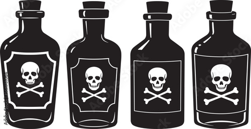 Four vintage poison bottles with skull and crossbones labels silhouette isolated on white background