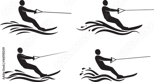 Four dynamic silhouettes of water skiers in action on white background isolated on white background