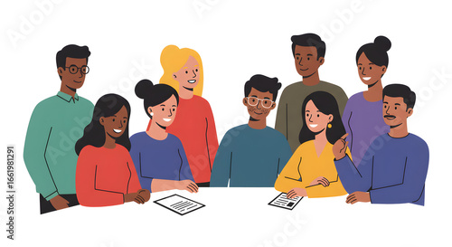 Diverse group of men and women sitting around a table, engaged in discussion and collaboration, representing teamwork and community gathering
