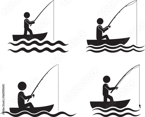 Four simple black silhouette figures fishing from boats on water isolated on white background silhouette