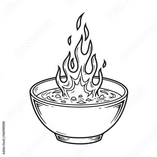 Hand drawn illustration of a spicy bowl of hot soup with flames coming out