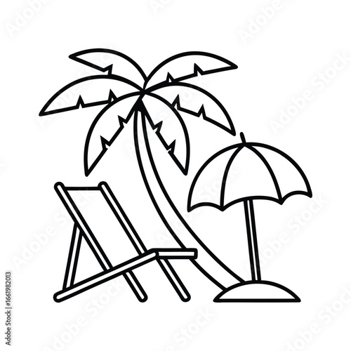 Tropical beach scene with palm tree chair and umbrella outline icon