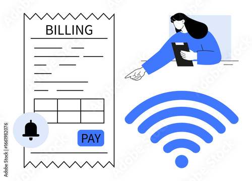 Billing receipt with payment button, notification bell, wireless symbol, and woman holding clipboard pointing. Ideal for finance, technology, wireless network, online payment, billing organization