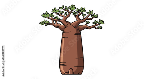 Baobab Tree Illustration: Cartoon style botanical drawing showcases a classic african tree with its unique shape and lush green leaves isolated on