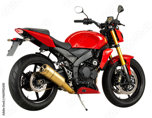 Modern Red Racing Motorcycle with Golden Exhaust Pipe and Sleek Black Seat PNG