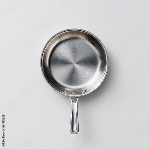 A top-down view of a gleaming, stainless steel frying pan with a single, sleek handle, set against a minimalist white background.  The pan's surface exhibits a subtle concentric circular pattern