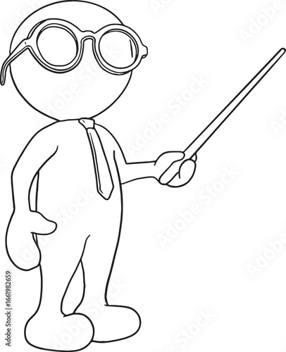 A hand-drawn vector illustration of a simple, stick-figure-like character wearing glasses and a tie, holding a pointer stick. This versatile doodle art represents a teacher, professor, expert.