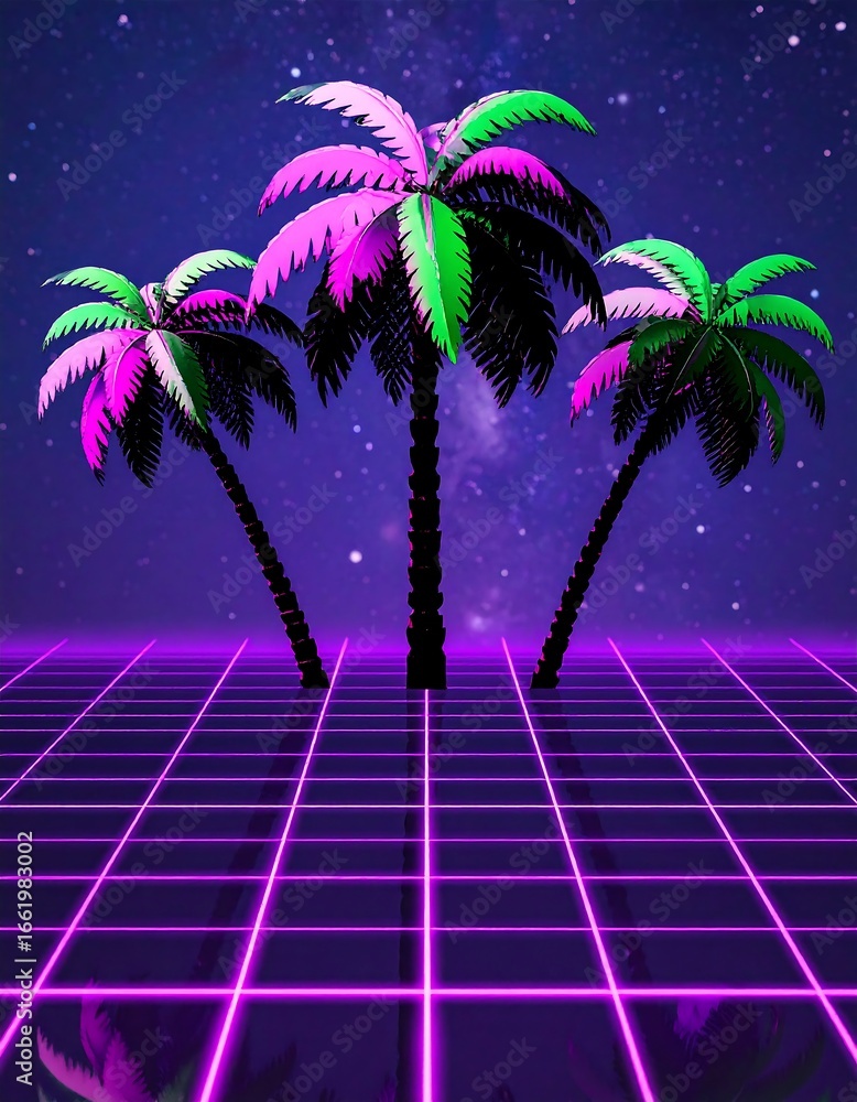 Naklejka premium Retro palm trees on a gridded night sky
