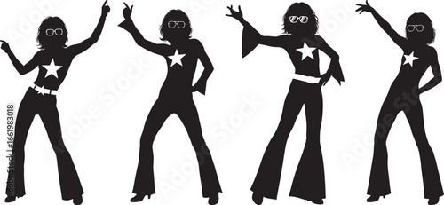 Four disco dancers in silhouette striking poses isolated on white background