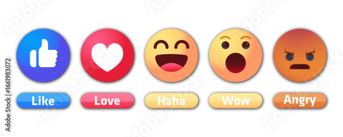 Trending Social Media Reaction Emojis – Like, Love, Haha, Wow, Angry Icons. Vector Illustration Concept